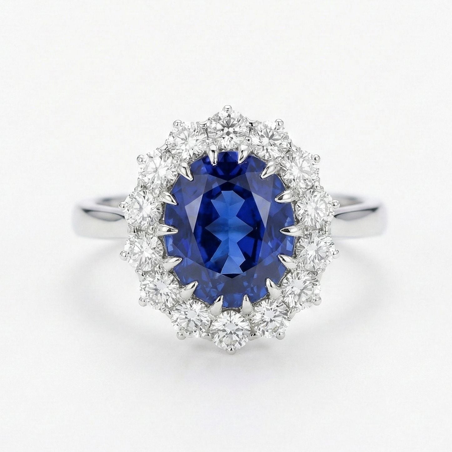 Ring with a blue gemstone and diamond-studded halo on a white background