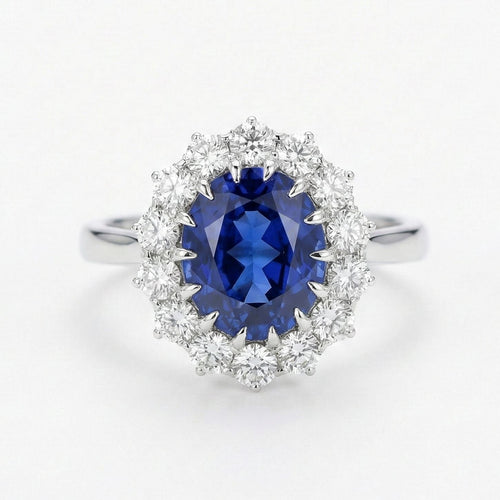 Ring with a blue gemstone and diamond-studded halo on a white background